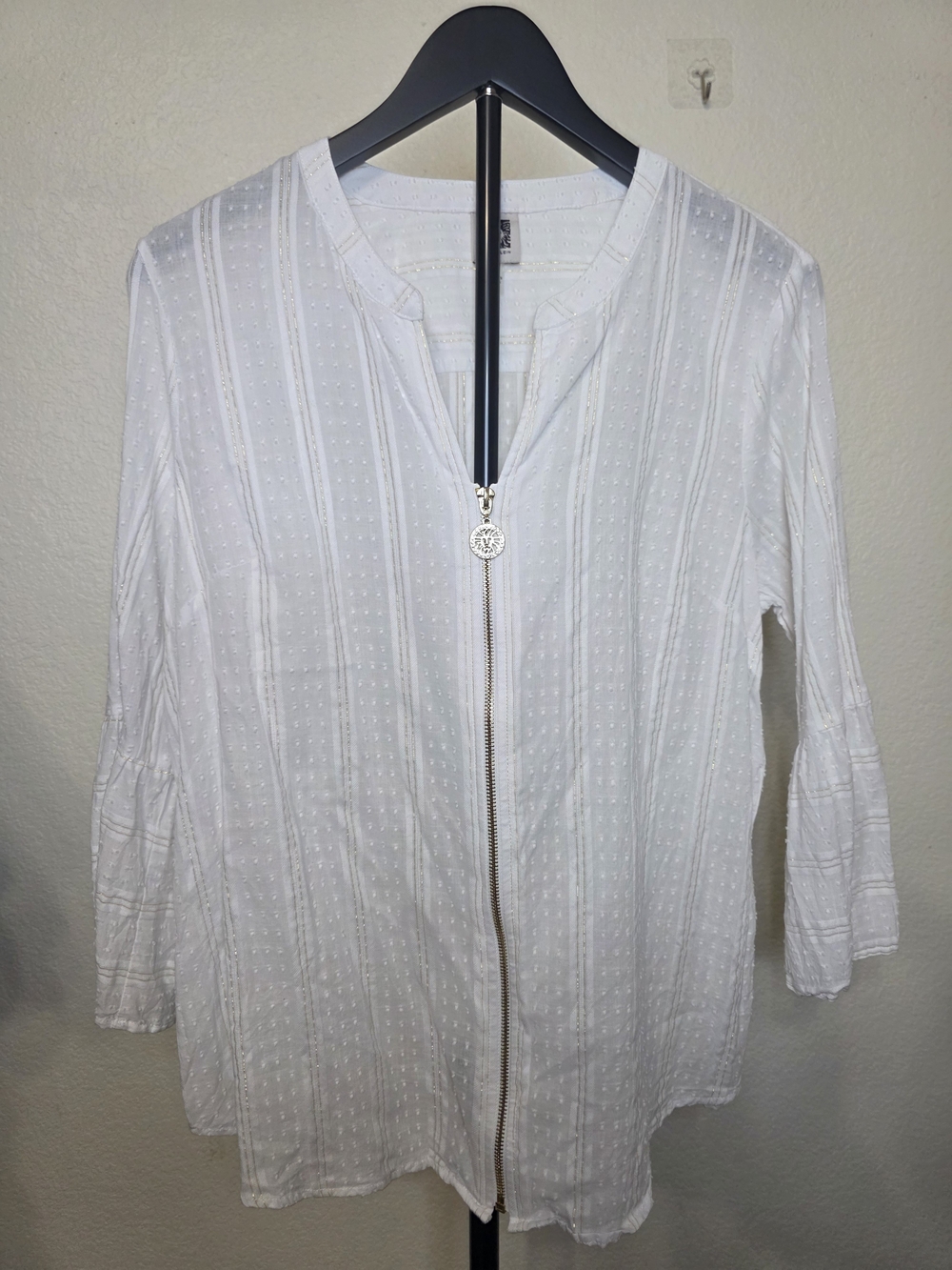 Anne Klein White Gold Striped Zip Front Blouse Size L Bell Sleeve Textured
